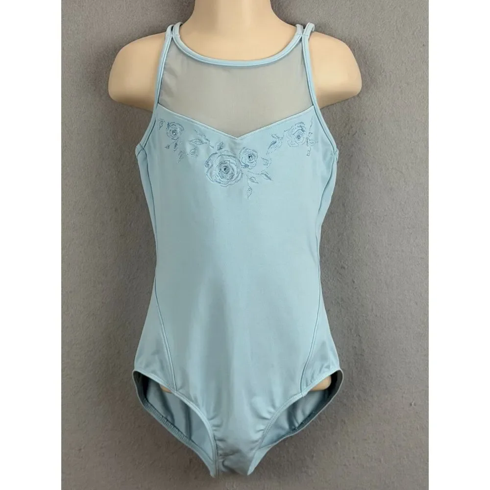 Bloch Girls Child Large 8-10 Blue Floral Rhinestone Mesh Dance Leotard